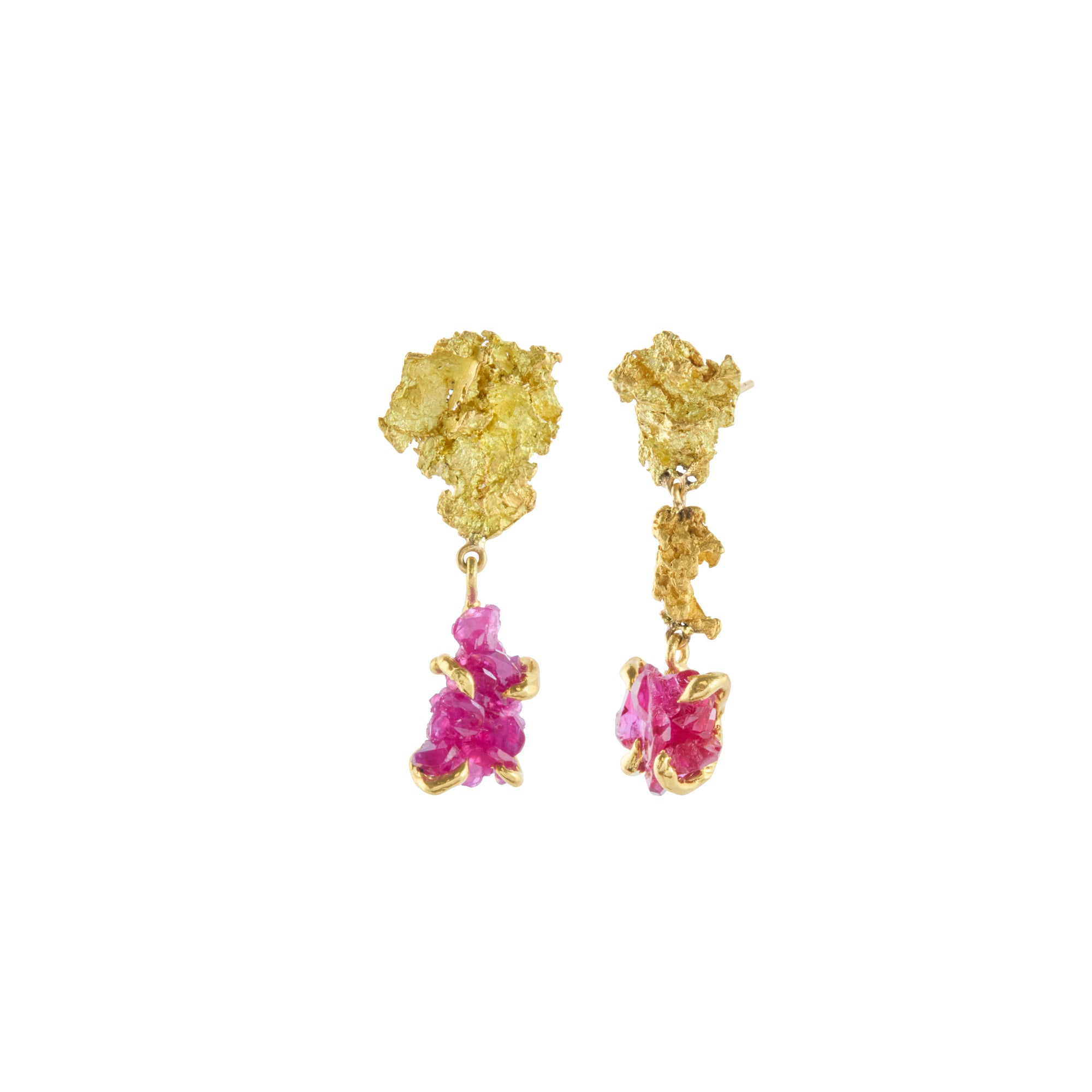 Ruby Drop Gold Nugget Earrings