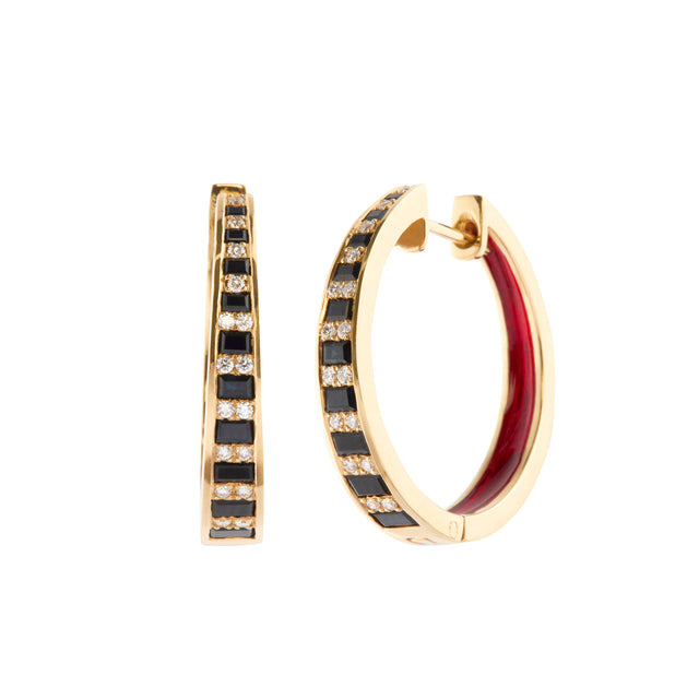 Black Sapphire and Diamond Twist Red Enamel Hoop Earrings