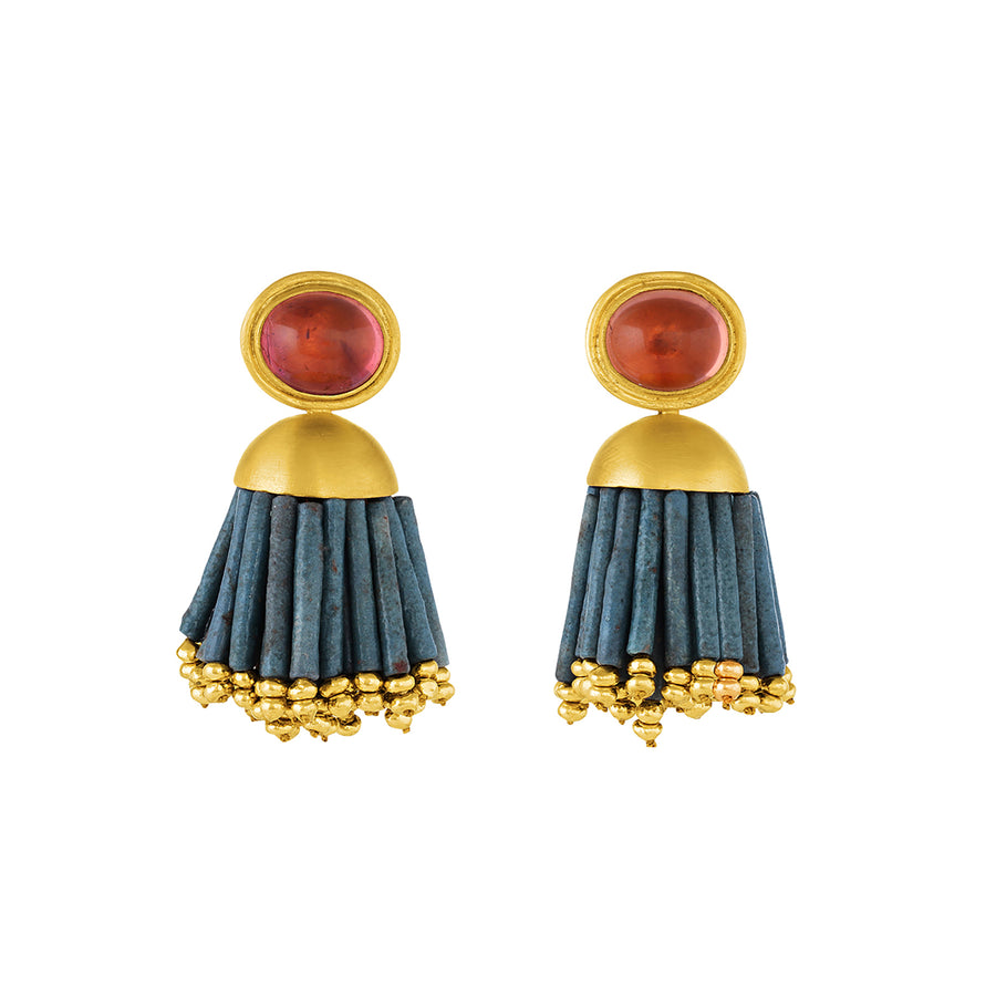 Tourmaline & Faience Beads Tassel Earrings