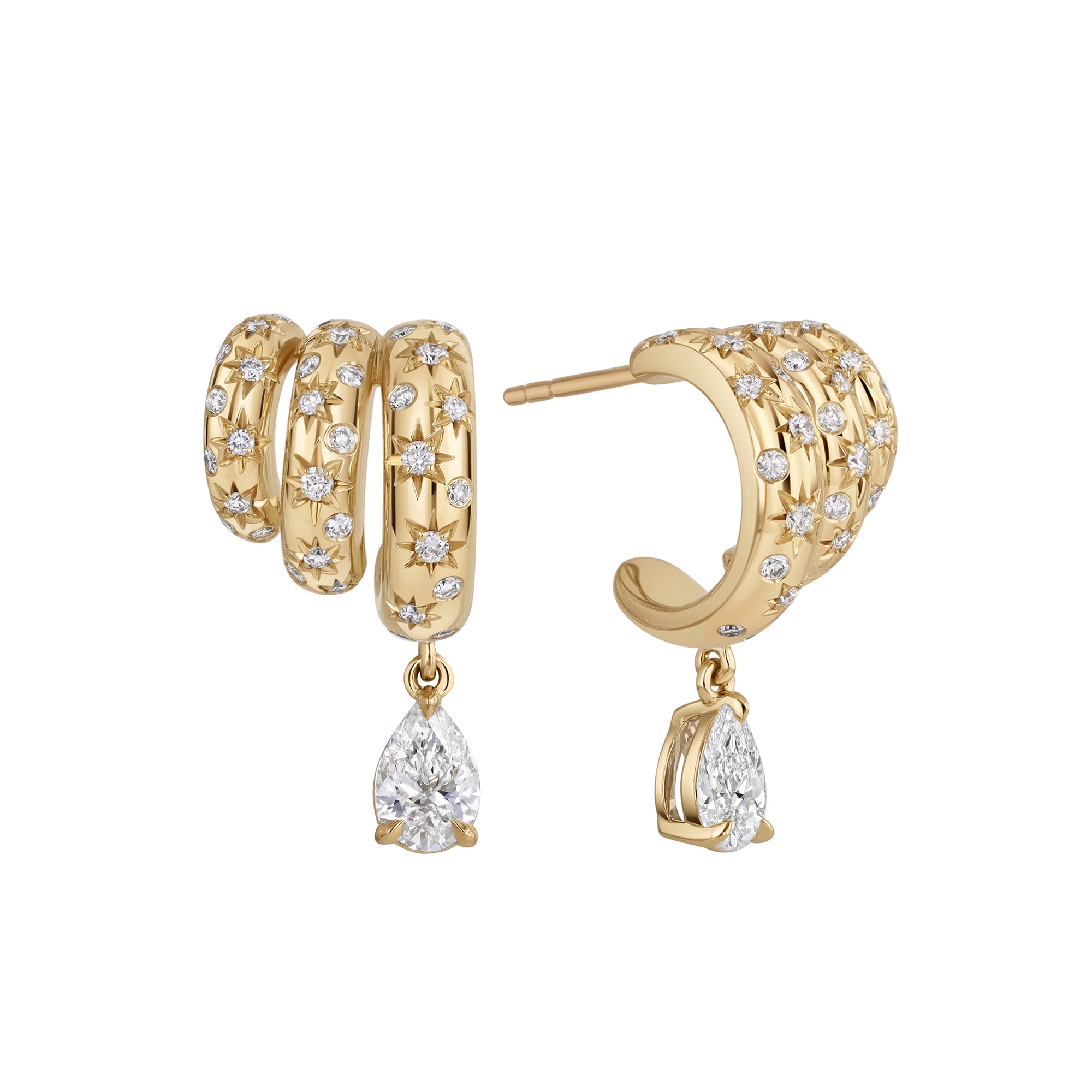 Pear and Round Diamond Star Set Triple Hoop Drop Earrings