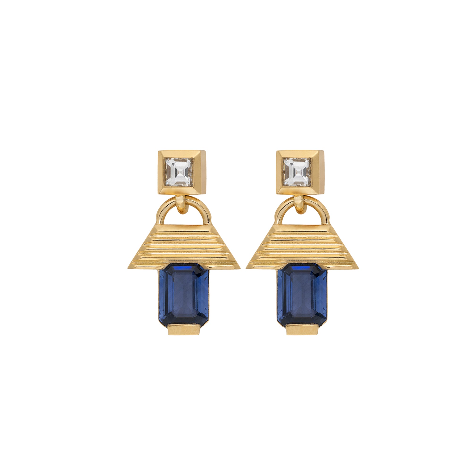 Azlee - Sapphire and Carre Diamond Escalier Small Drop Earrings