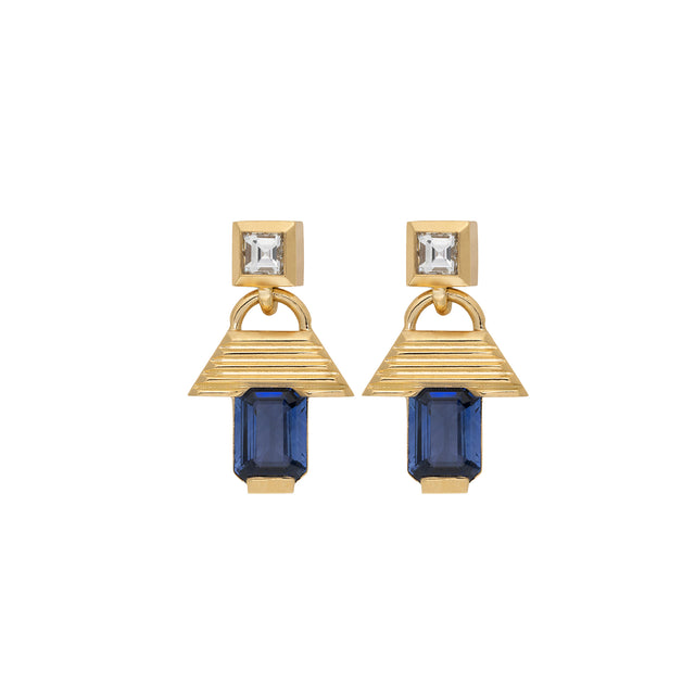 Azlee - Sapphire and Carre Diamond Escalier Small Drop Earrings