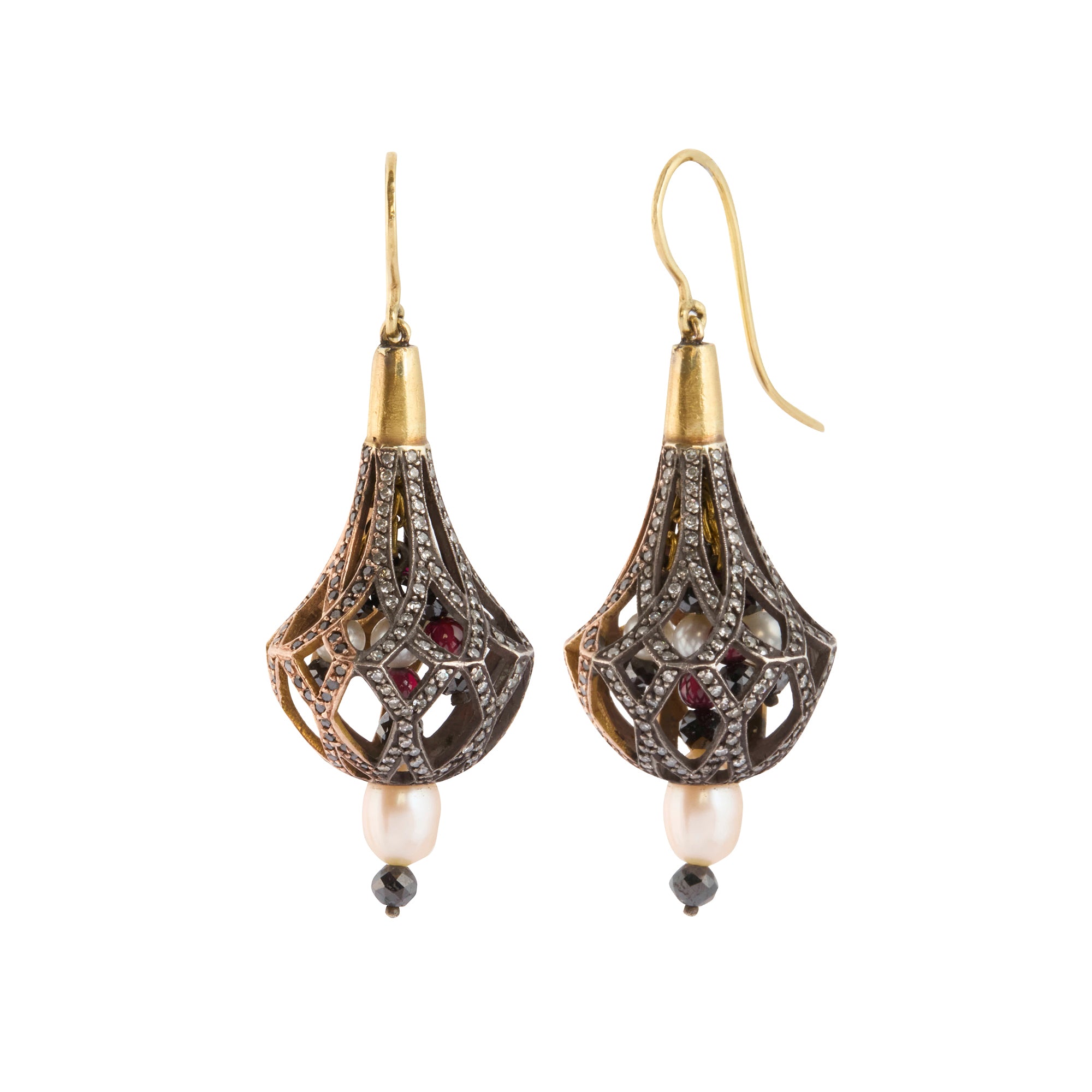Black Diamond and White Diamond Cage Drop Earrings with Pearls