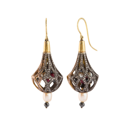 Black Diamond and White Diamond Cage Drop Earrings with Pearls - Main Img