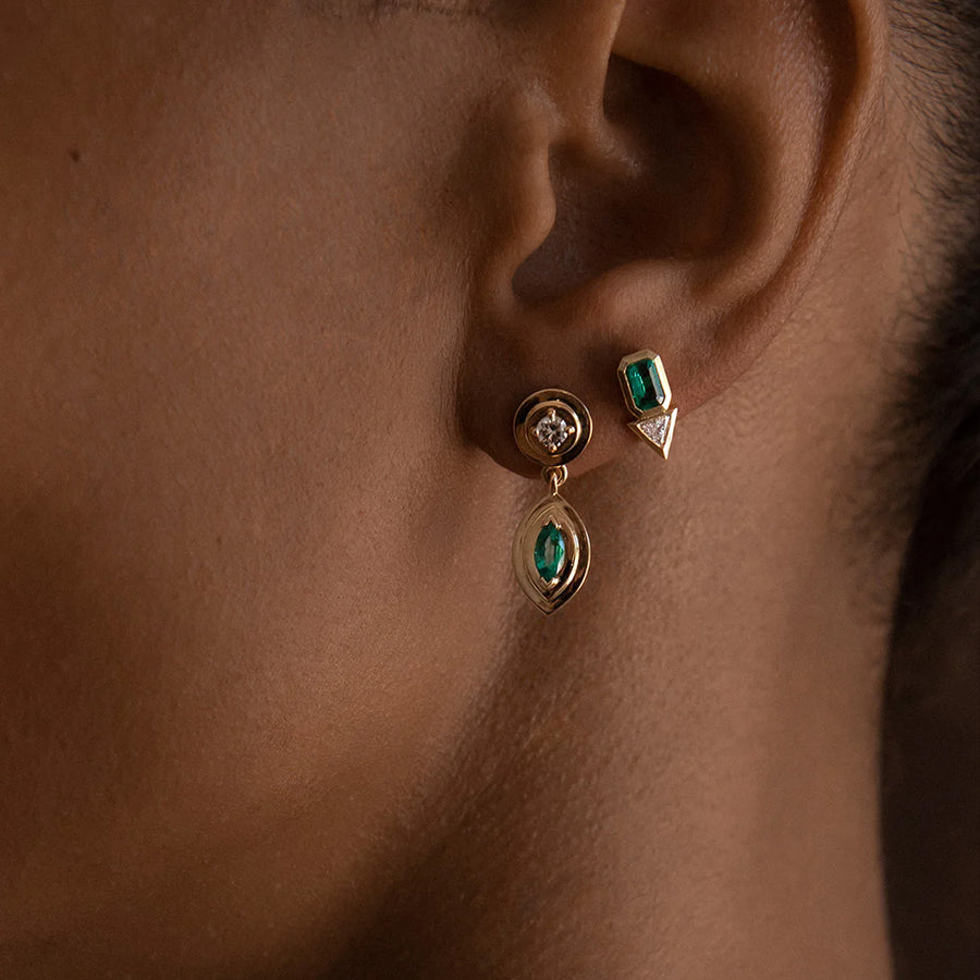 Azlee Trillion Emerald and Diamond Stud Earrings - Earrings - Broken English Jewelry on model