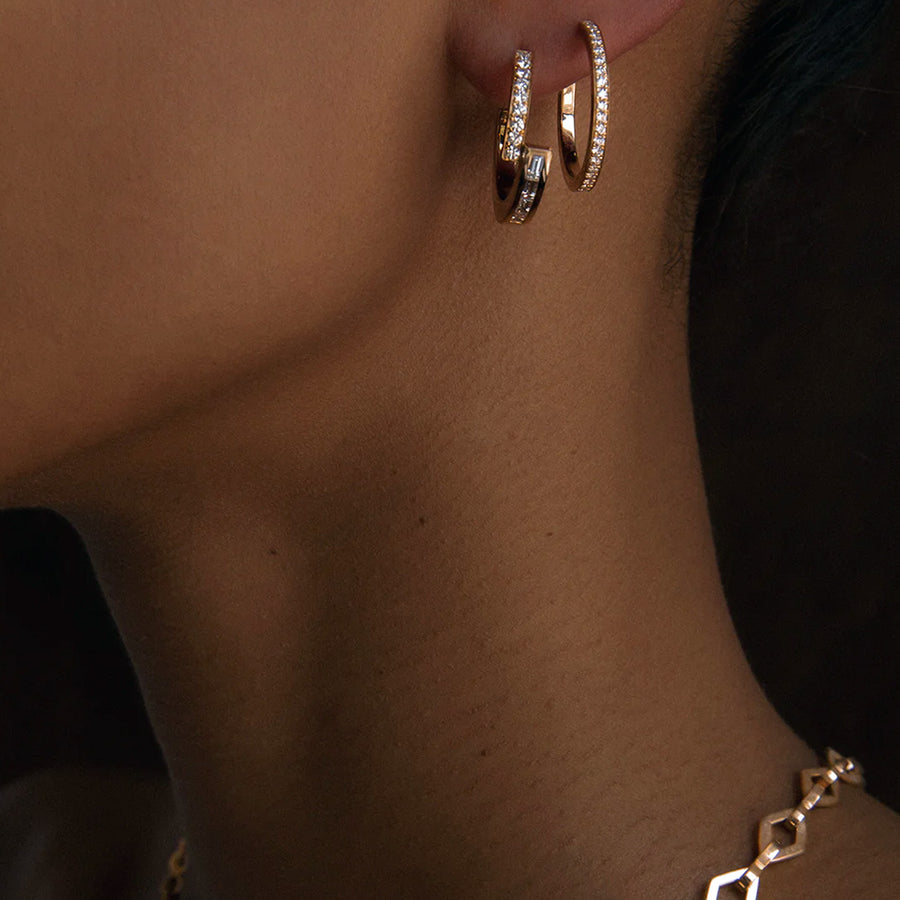 Azlee Front Diamond Hoops - Earrings - Broken English Jewelry on model