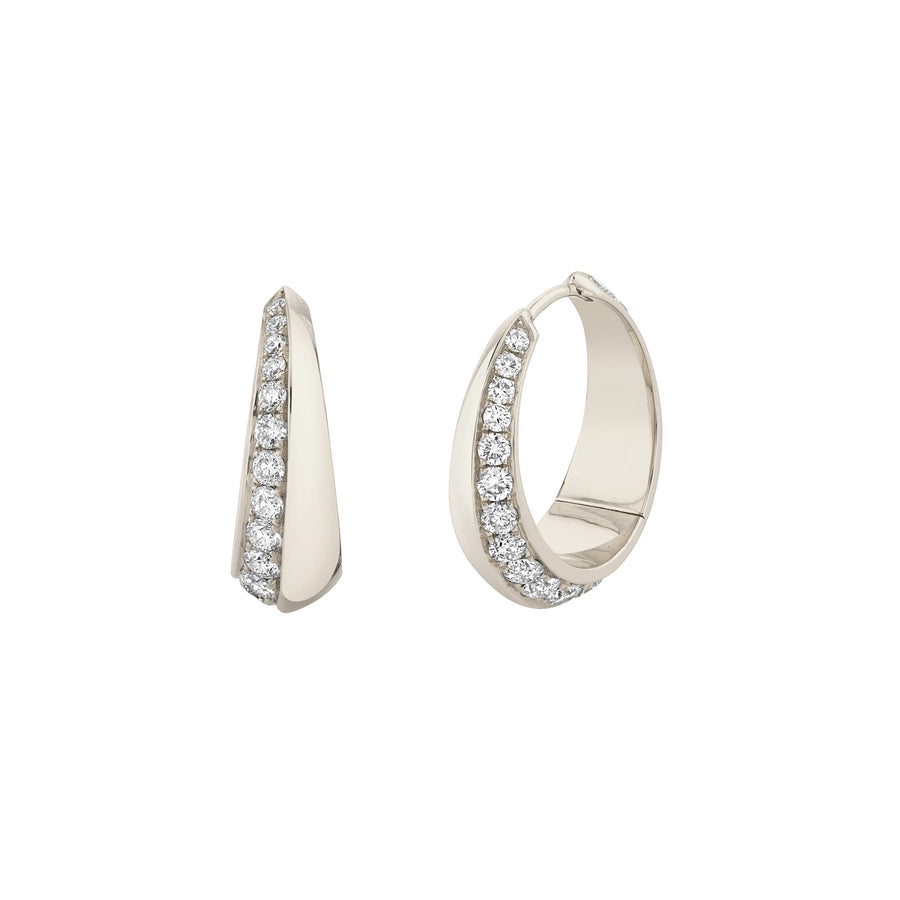 Lizzie Mandler Large Pave Diamond Crescent Hoops - White Gold - Earrings - Broken English Jewelry front and side view