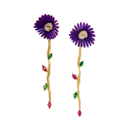 French Violet Flower and Leaves Earrings