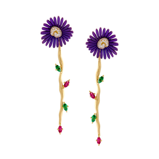 French Violet Flower and Leaves Earrings - Main Img