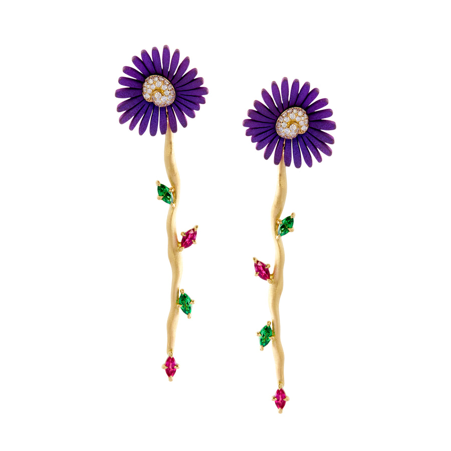 French Violet Flower and Leaves Earrings