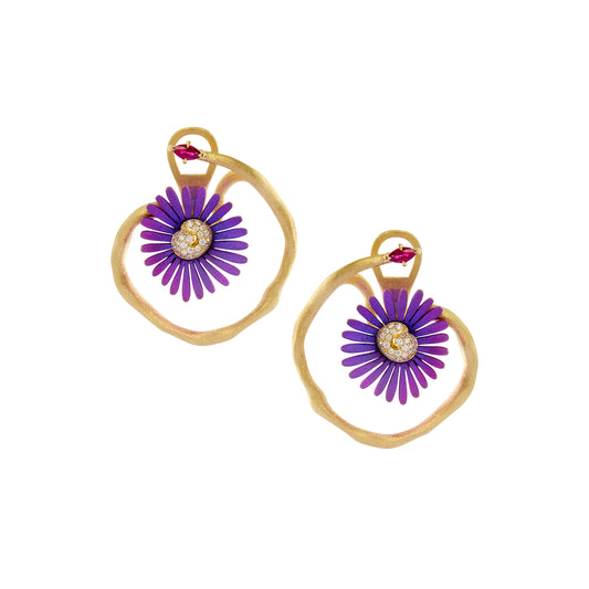 French Violet Flower Earrings - Diamond and Ruby - Main Img