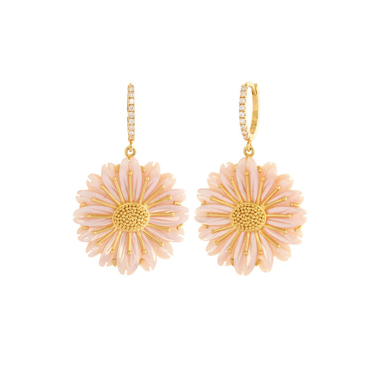 Diamond and Pink Mother of Pearl Medium Hoop Earrings - Main Img