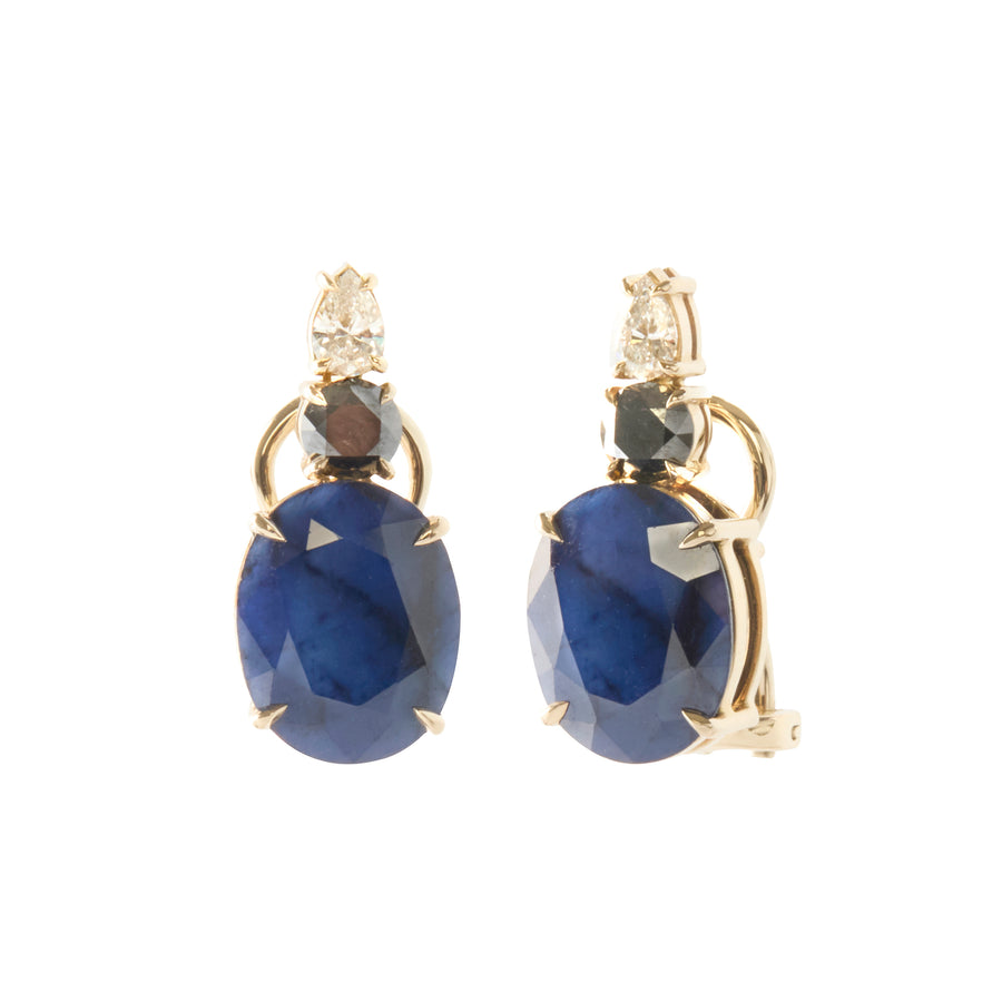 Blue Sapphire, Black Diamond and White Diamond Earrings