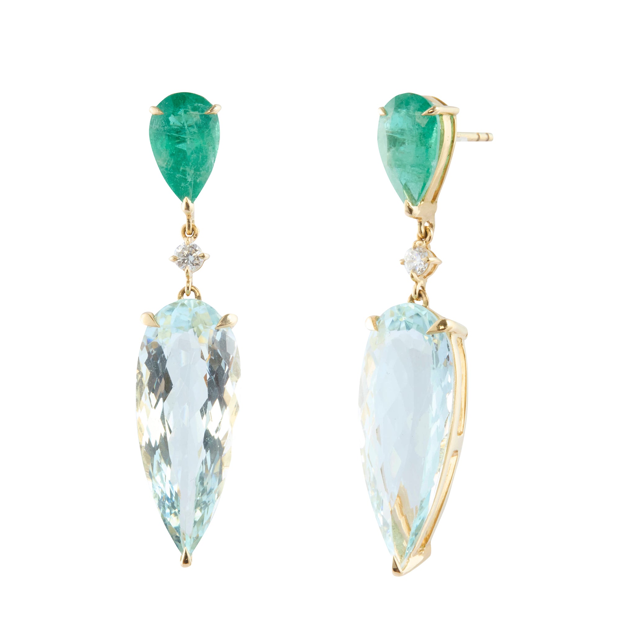 Spring's Dewdrop Emerald Aquamarine Diamond Earrings