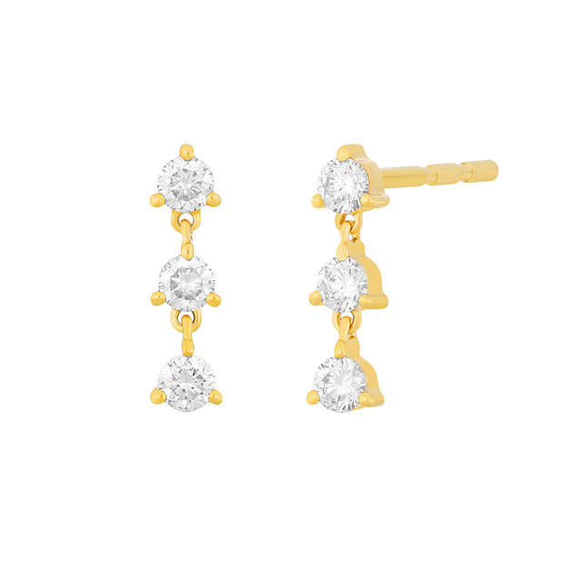 EF Collection Triple Prong Set Earrings in Yellow Gold, front and angled view