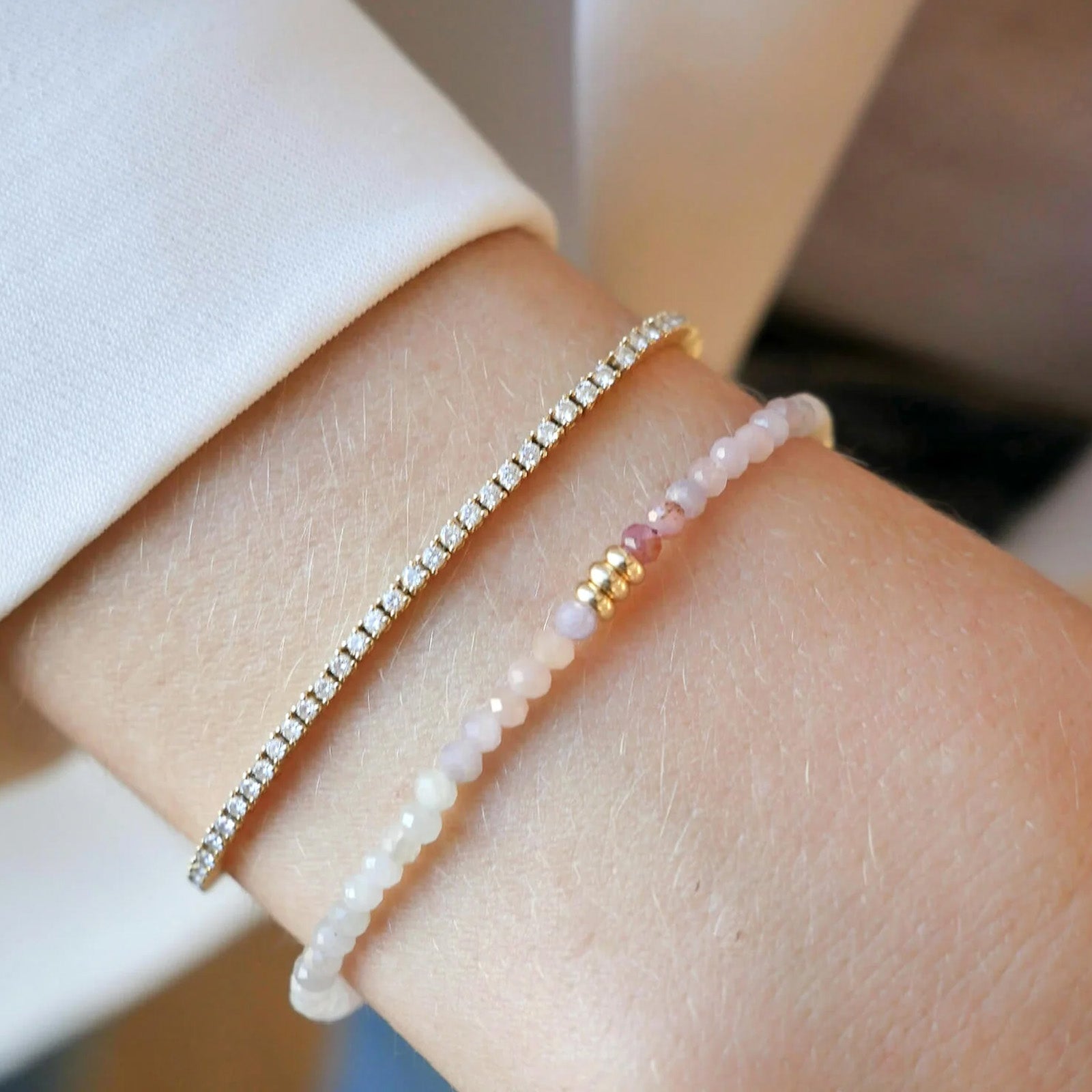 EF Collection Ombre Tourmaline Birthstone Bead Bracelet - Bracelets - Broken English Jewelry on model