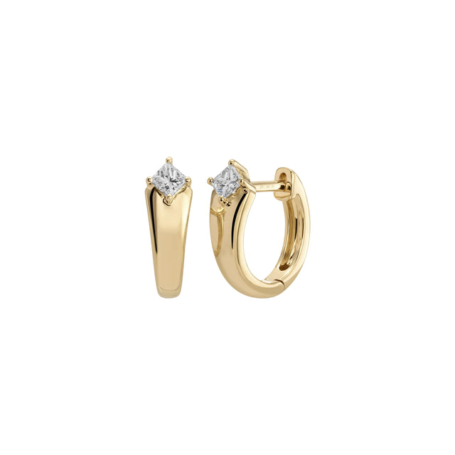 Gold hoop earrings with diamond accents on a white background