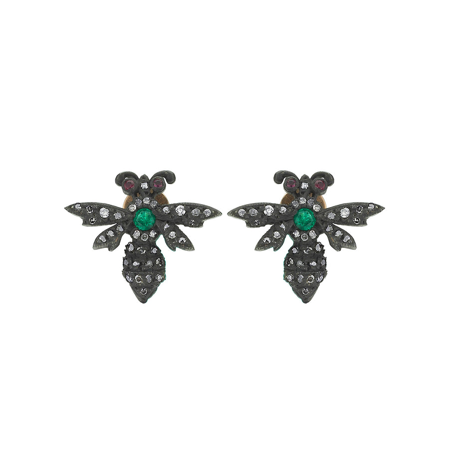 Aida Bergsen Green Garnet and Ruby Wasp Earrings - Silver - Earrings - Broken English Jewelry front view