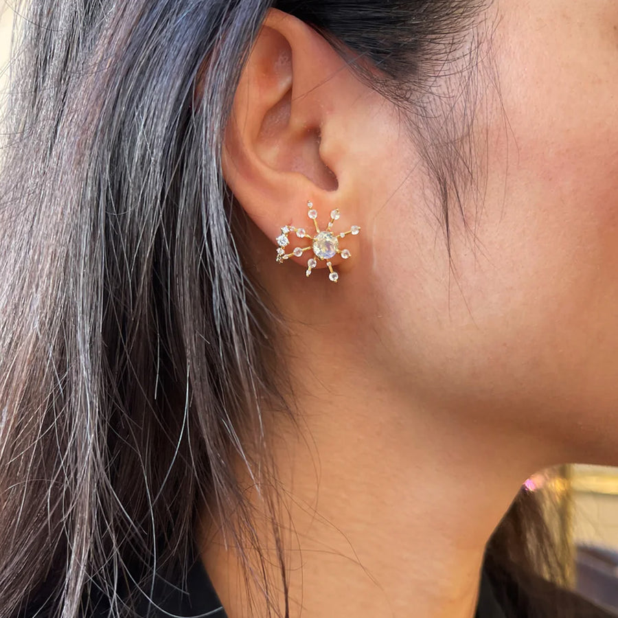 YI Collection Moonstone and Diamond Starburst Earrings - Earrings - Broken English Jewelry on model