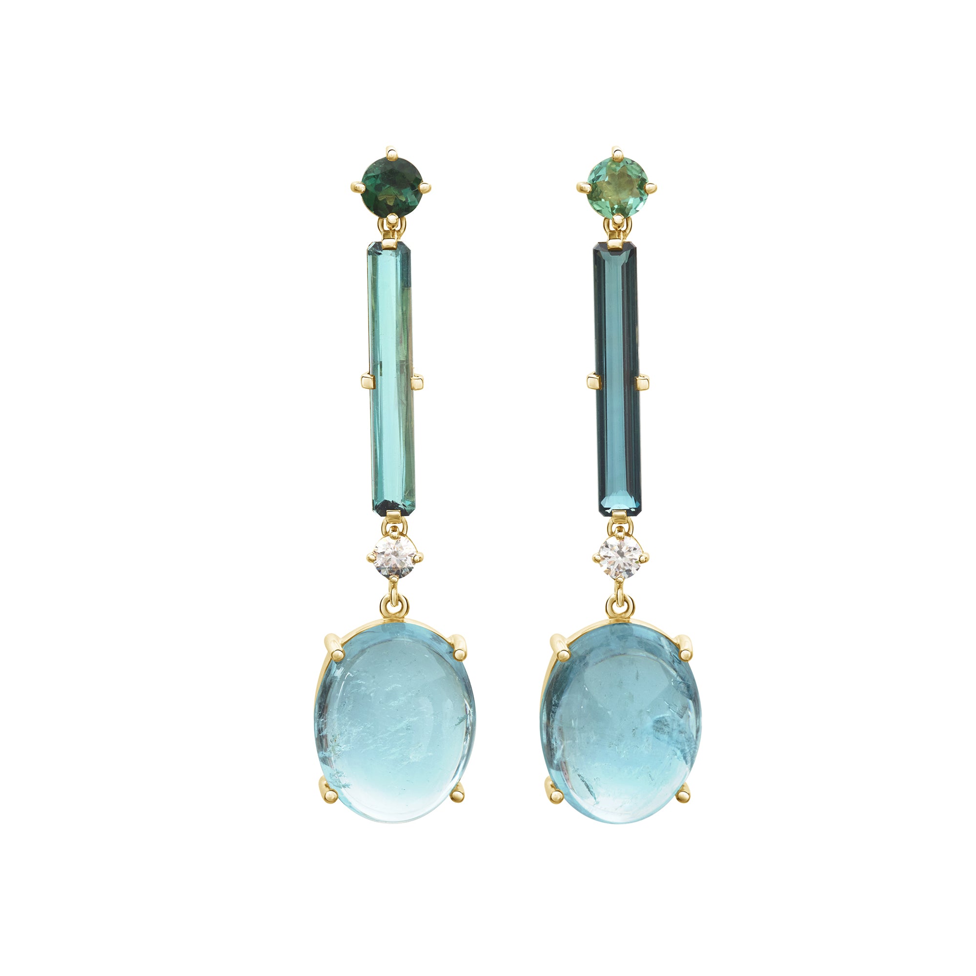 Tourmaline and Aquamarine and Diamond Drop Earrings