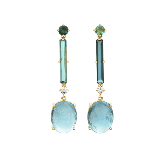 Tourmaline and Aquamarine and Diamond Drop Earrings - Main Img