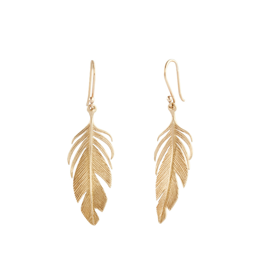 Annette Ferdinandsen Large Gold Feather Earrings - Earrings - Broken English Jewelry, front and angled view