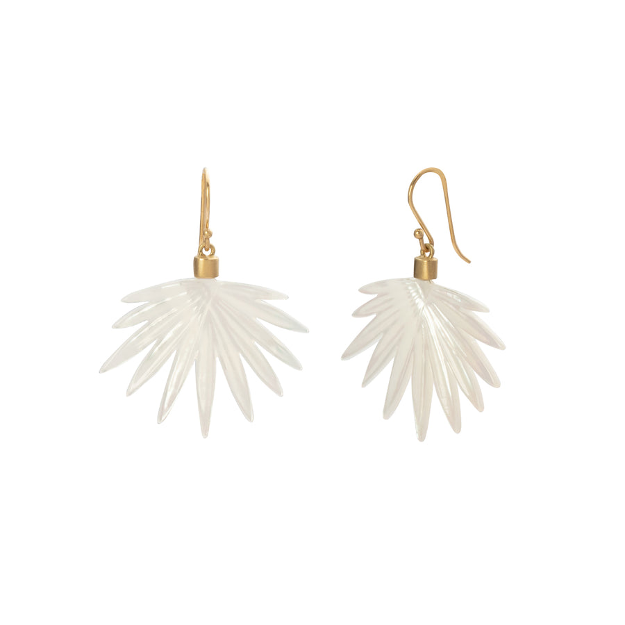 Annette Ferdinandsen Small White Mother of Pearl Fan Palm Earrings front and side view