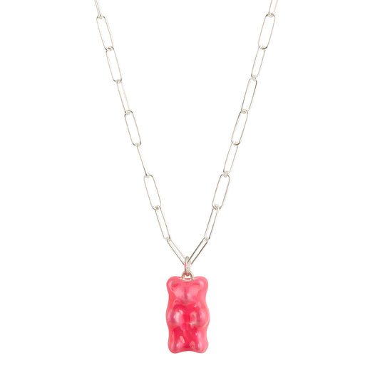 Gummy Pendant Necklace - Neon Pink & Paperclip Silver - Main Img