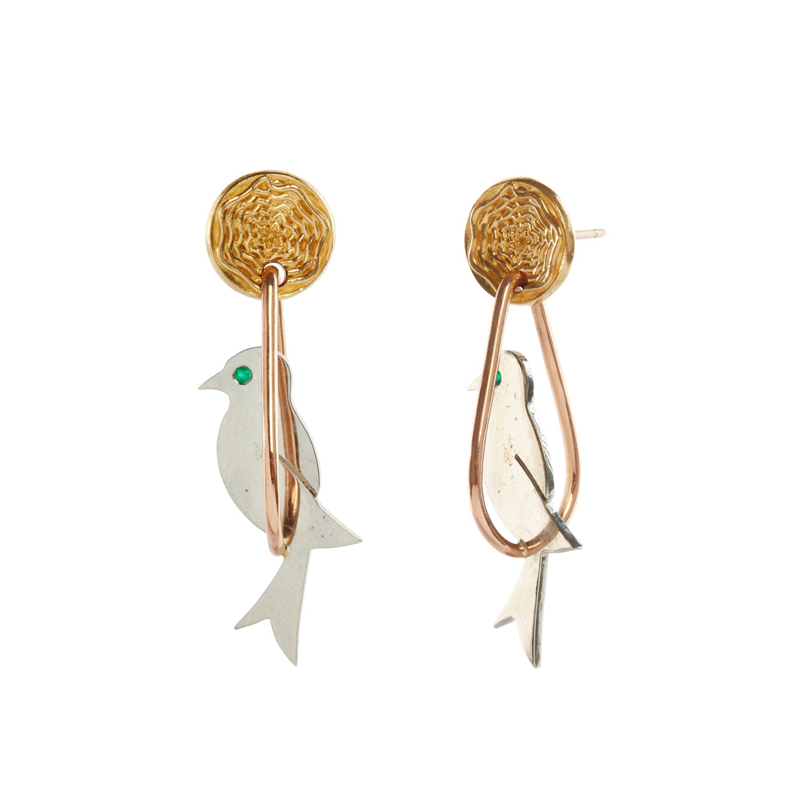 Gerald & I Emerald Eye Bird Earrings - Earrings - Broken English Jewelry front and side view