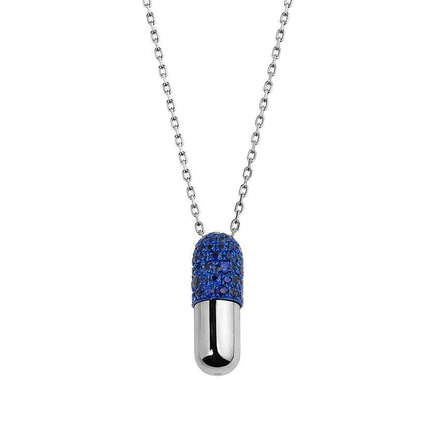 Elior Large Blue Sapphire Pill Pendant Necklace - White Gold - Necklaces - Broken English Jewelry front view