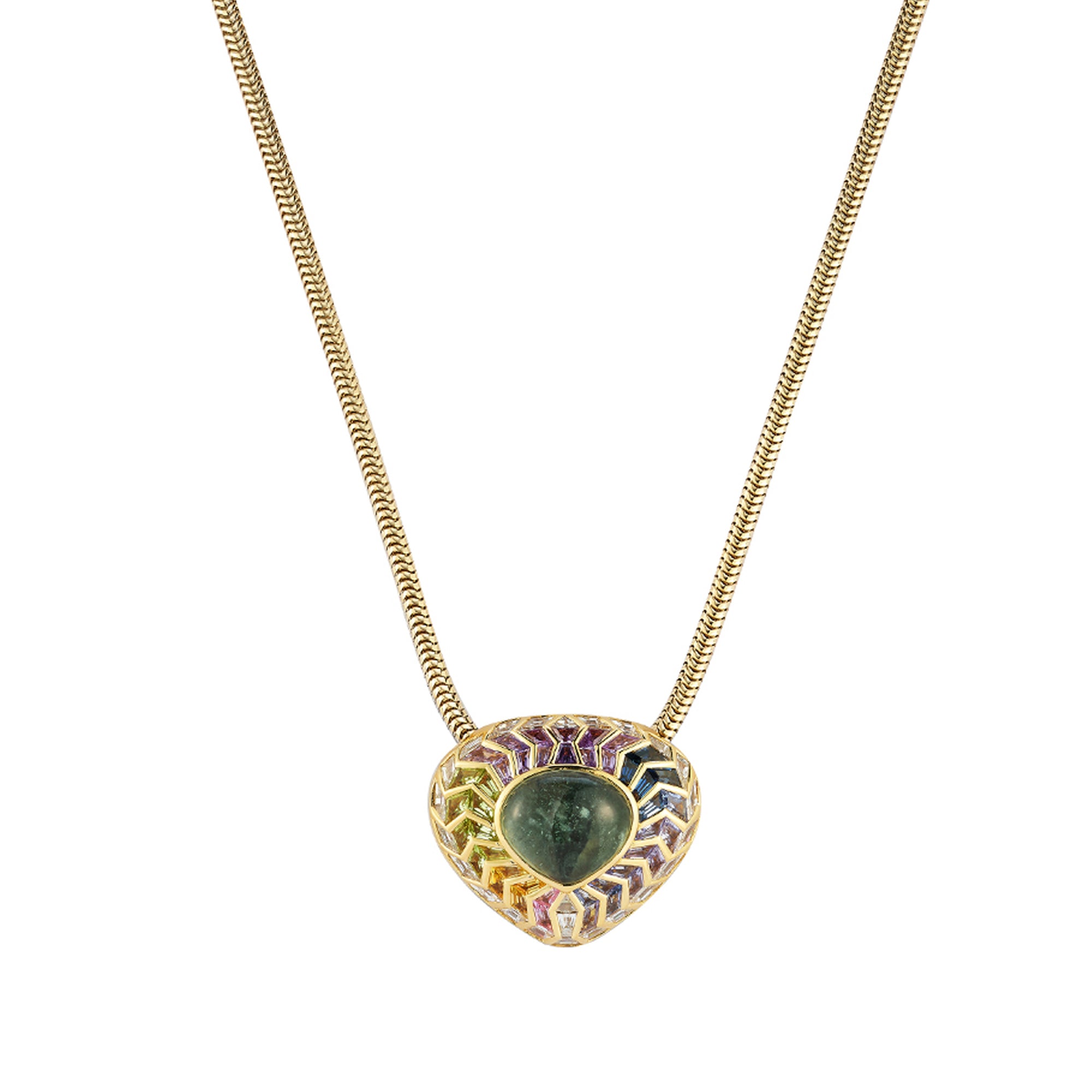 Green Tourmaline and Diamond and Multi Colored Gemstones Wishing Well Shield Necklace