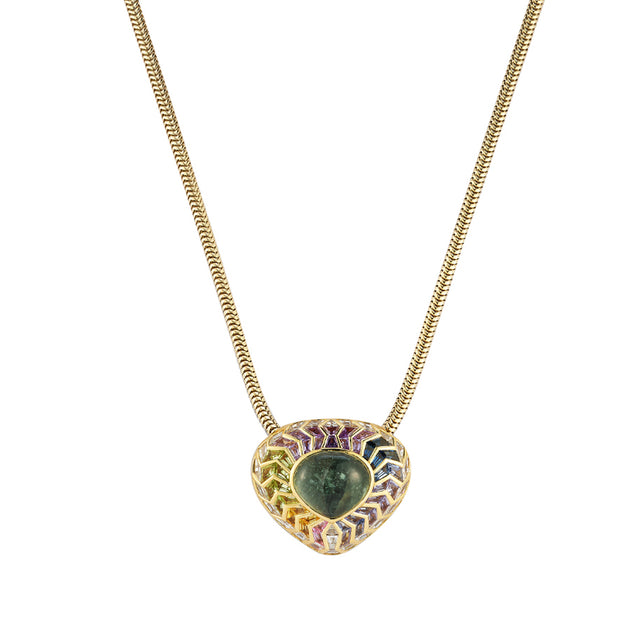 Green Tourmaline and Diamond and Multi Colored Gemstones Wishing Well Shield Necklace