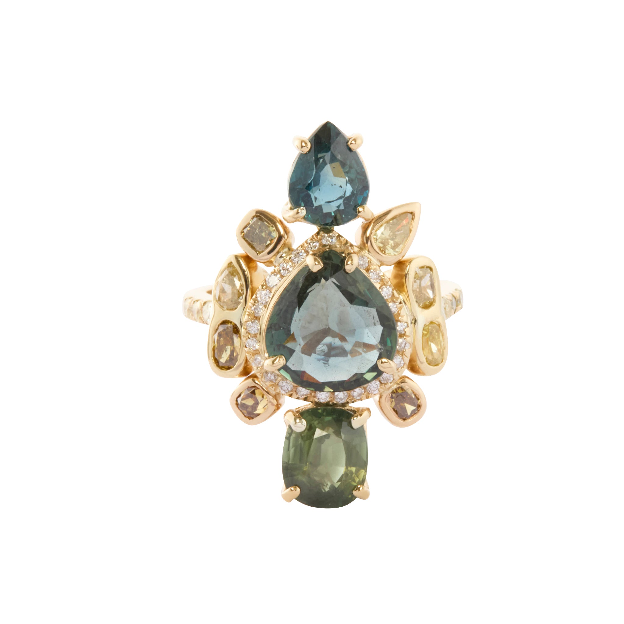 Natural Color Sapphire and Mixed Shaped White Diamond Galaxy Ring