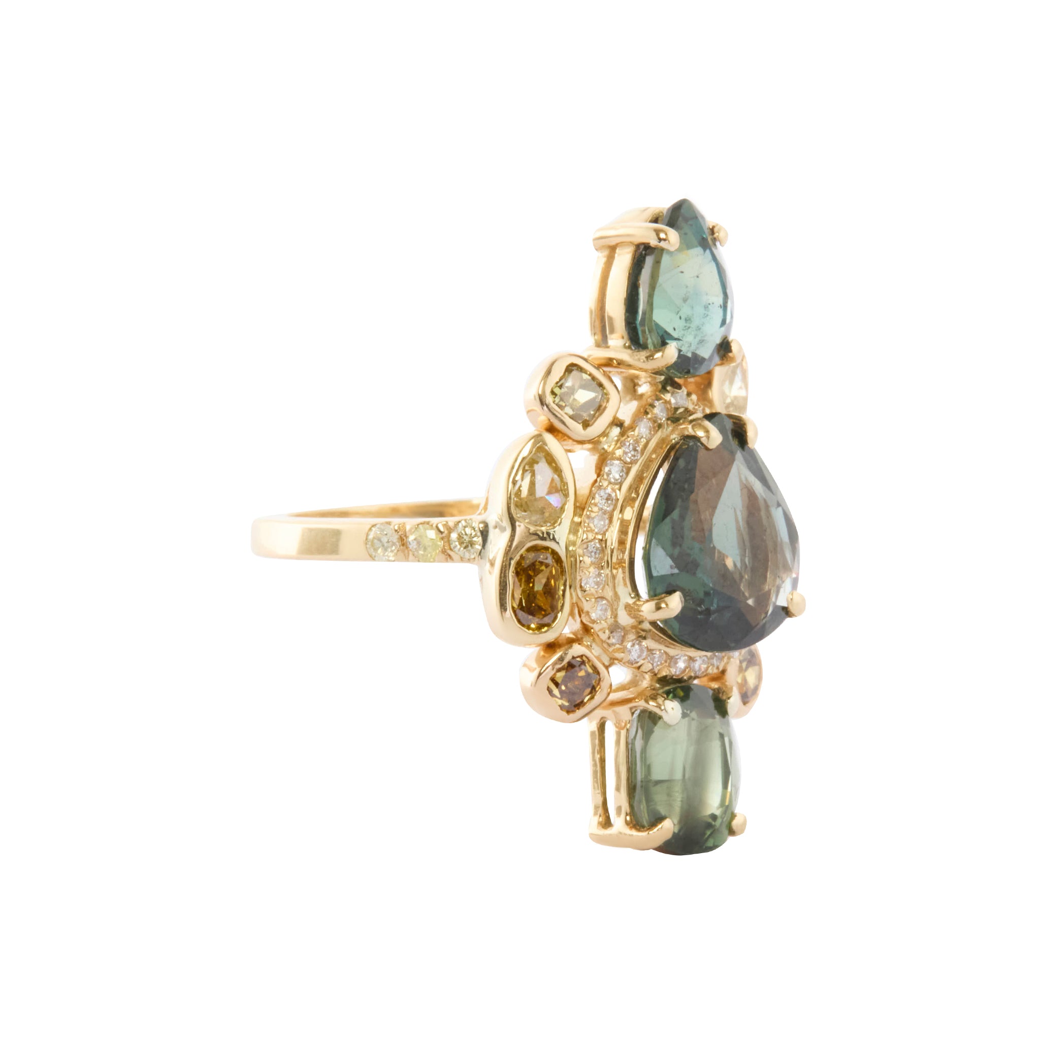 Natural Color Sapphire and Mixed Shaped White Diamond Galaxy Ring