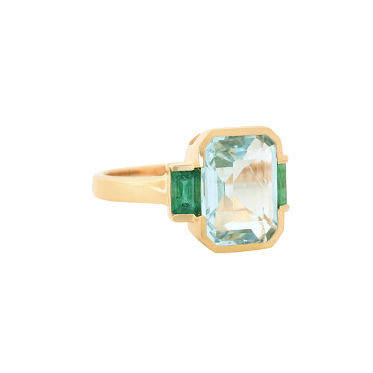 Aquamarine and Emerald Deco Spring Supreme Ring