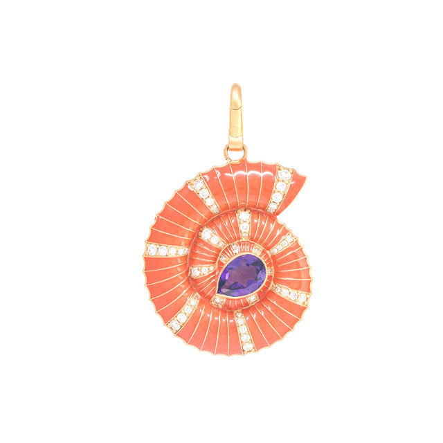 Diamond and Amethyst Orange Enamel Helix Shell Charm