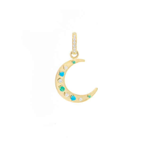 Turquoise, Diamond & Emerald Mini Flat Crescent Charm