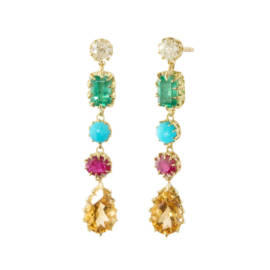 Diamond, Emerald, Turquoise, Ruby, and Citrine Victorian Drop Earrings - Main Img