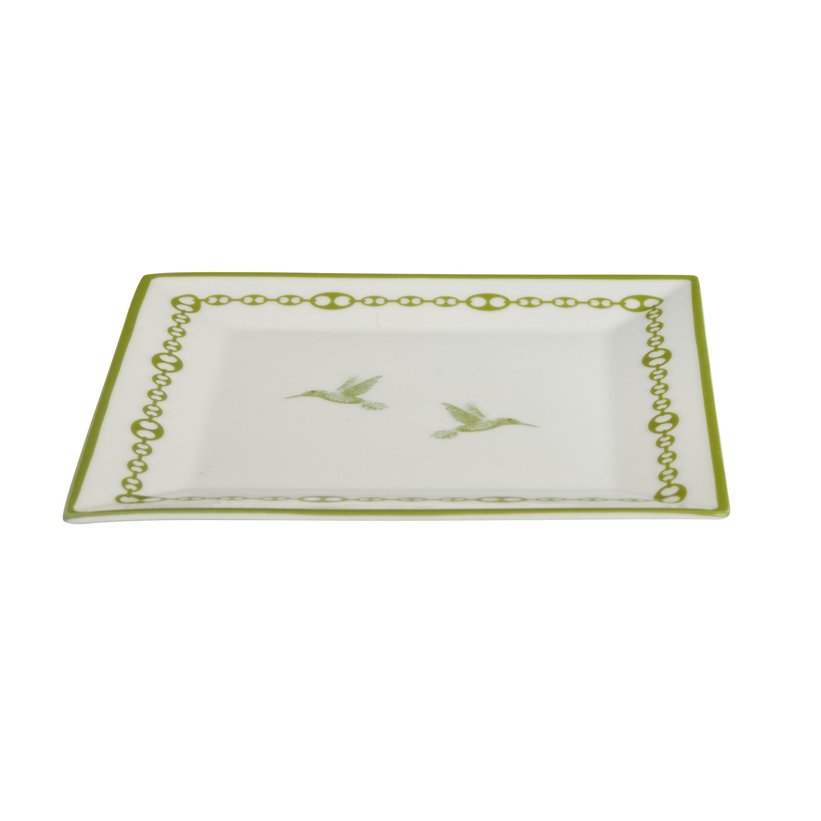 Jenna Blake Green and White Hummingbird Jewelry Dish - Home & Decor - Broken English Jewelry top angled view