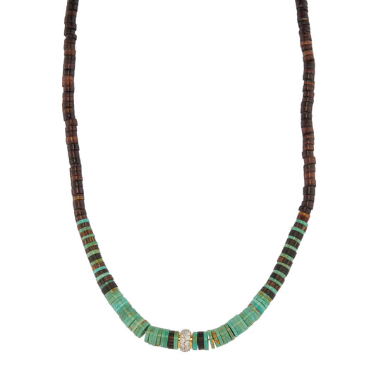Turquoise and Brown Heishi Beaded Necklace - Main Img