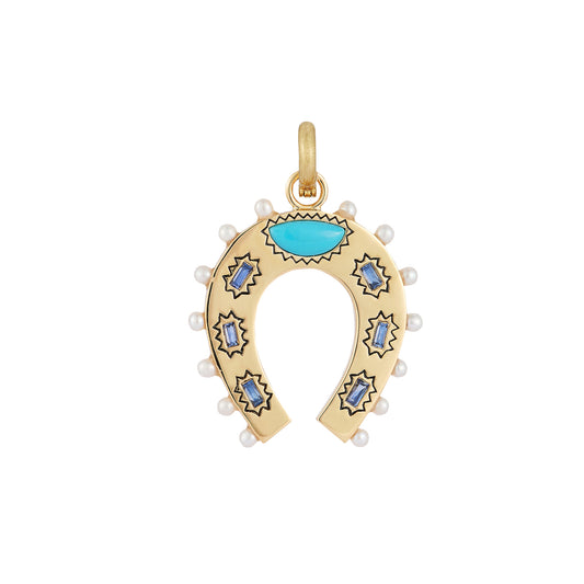Turquoise and Blue Sapphire and Pearl Holly Horseshoe Charm - Main Img