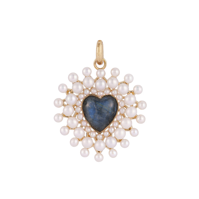 Storrow Juliana Heart Charm - Labradorite and Pearl Cluster, front view