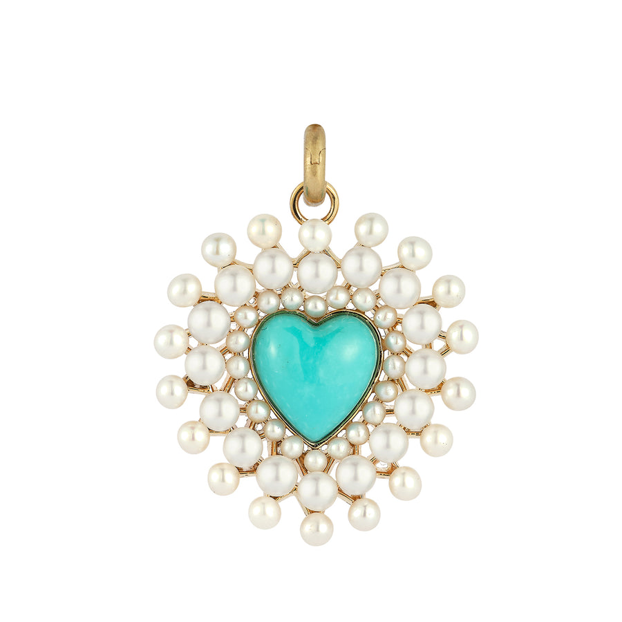 Storrow Juliana Heart Charm - Turquoise and Pearl Cluster, front view