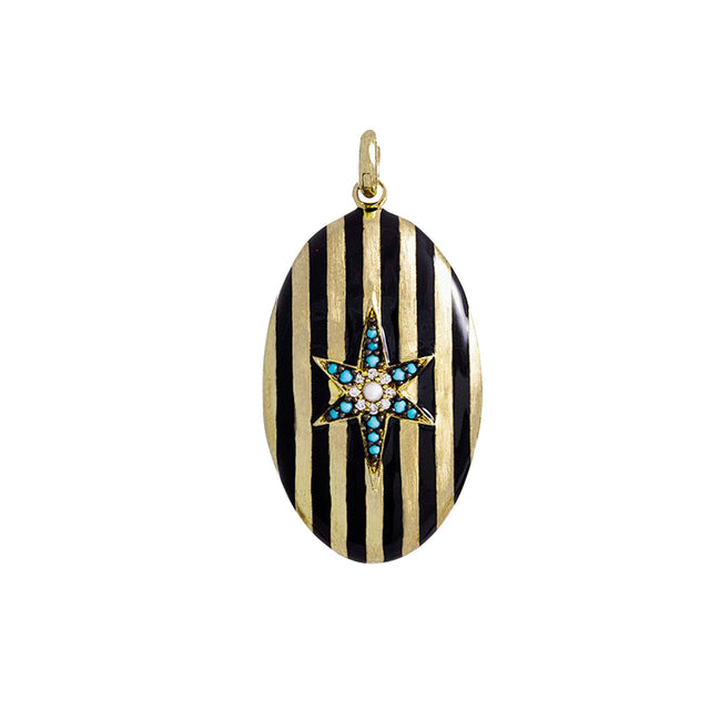 Turquoise, Pearl, Diamond and Black Enamel Striped Lillian Locket