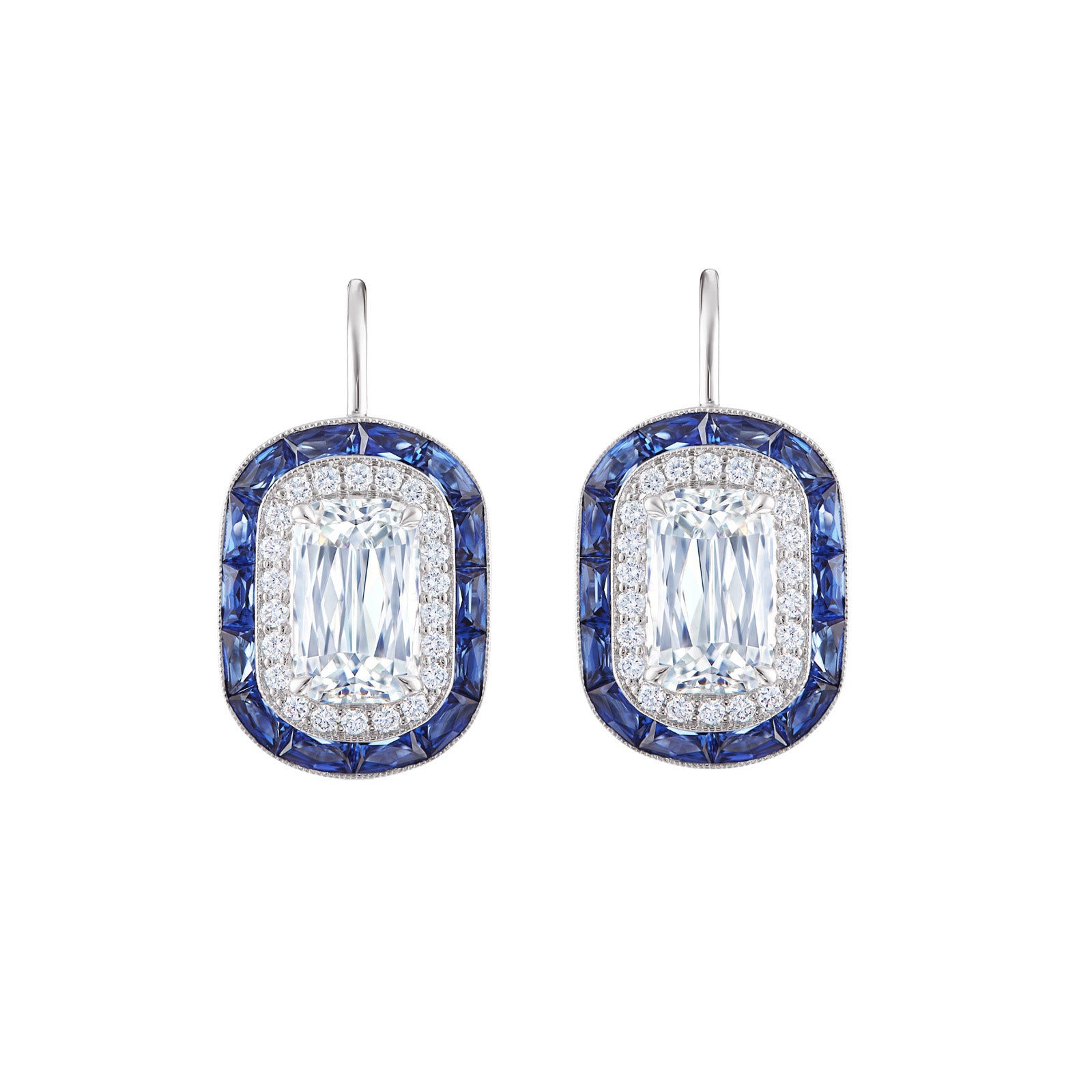 Ashoka Diamond and Calibre Sapphire Halo Drop Earrings - White Gold front view
