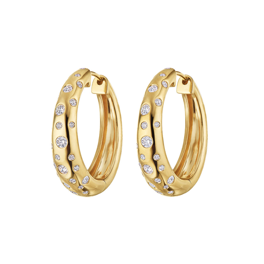 Cobblestone Hoop Earrings with Diamond Accents - Yellow Gold front and angled view