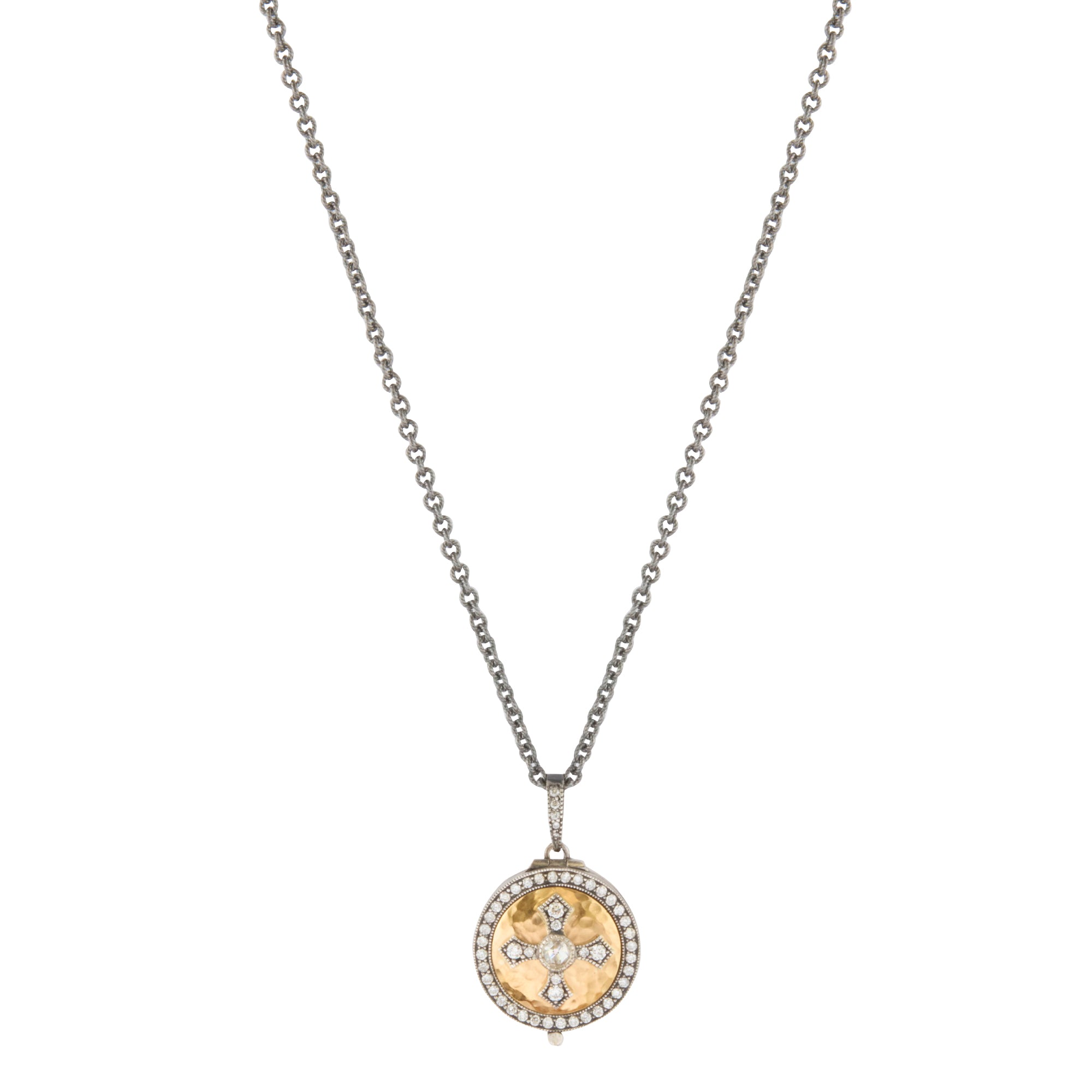 Hammered Diamond Cross Locket Necklace