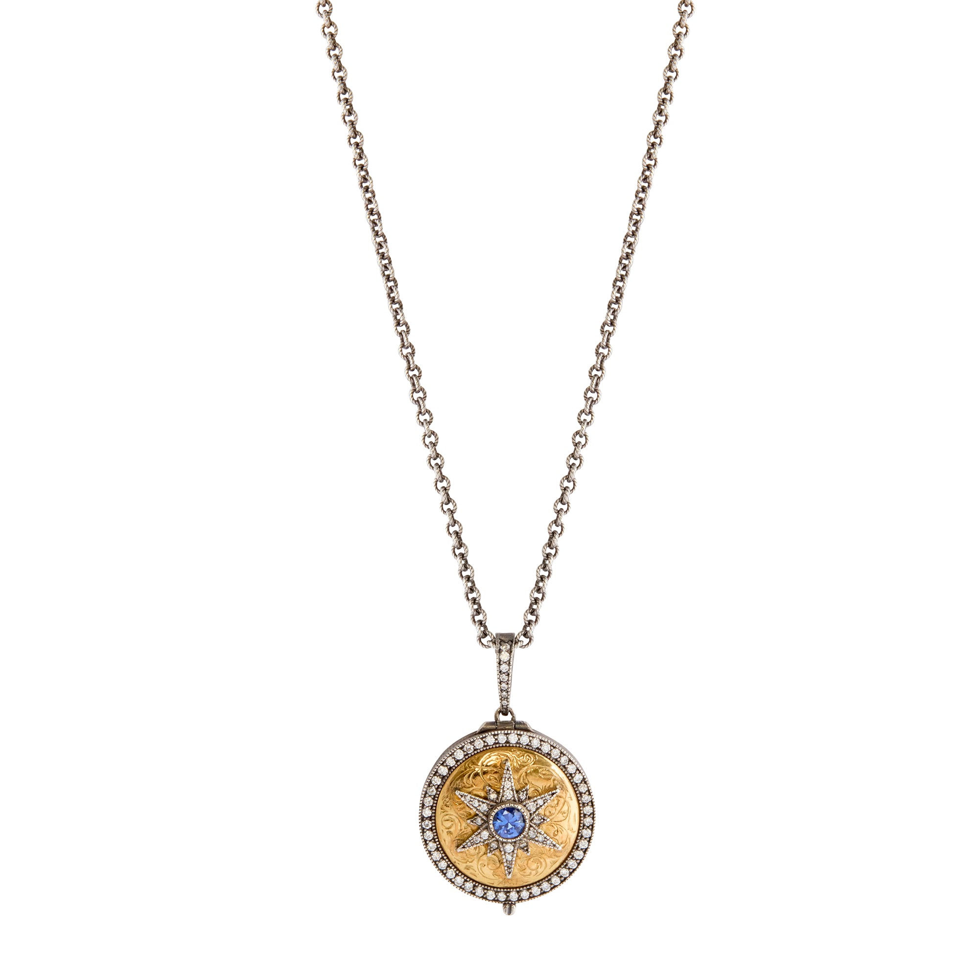 Diamond and Sapphire Round Starburst Locket Necklace