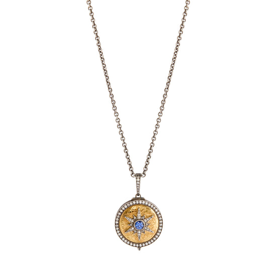 Diamond and Sapphire Round Starburst Locket Necklace - Main Img