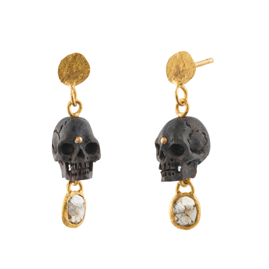 Carved Black Wood Skulls Double Drop Earrings with Borneo Diamonds
